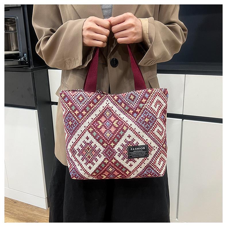 Bohemian Canvas Tote Bag for Women, Large Capacity Ethnic Style Shoulder Handbag, Casual Zipper Bucket Purse for Daily Use CLE