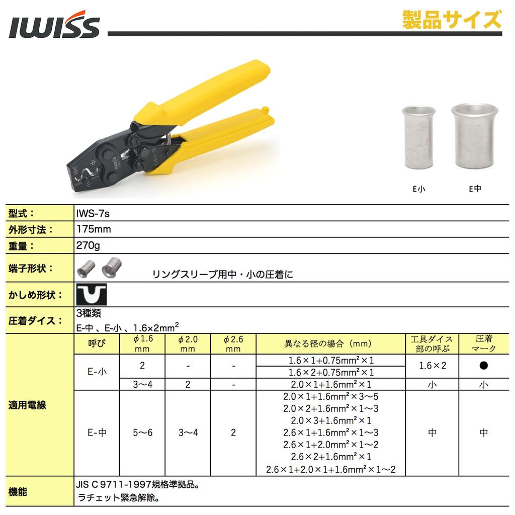 IWISS Ring Sleeve Crimping JIS Ratchet for Small and Medium Sizes IWS-7s Tool, Compliant, Type, (1.6x2), Small,