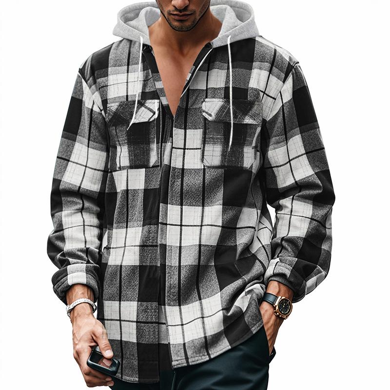 Loose Casual Long-sleeved Hooded Plaid Shirt S серый