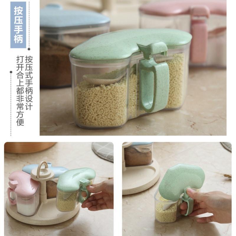 New Wheat Straw Rotating Seasoning Jar Three-in-one Combination Set Kitchen Supplies Salt Storage Bottle