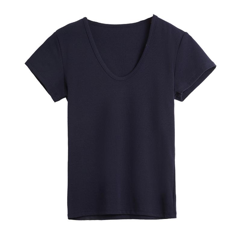 Pure desire deep U-neck front shoulder short-sleeved T-shirt women's summer slim-fitting and thin Korean inner bottoming shirt pure cotton top
