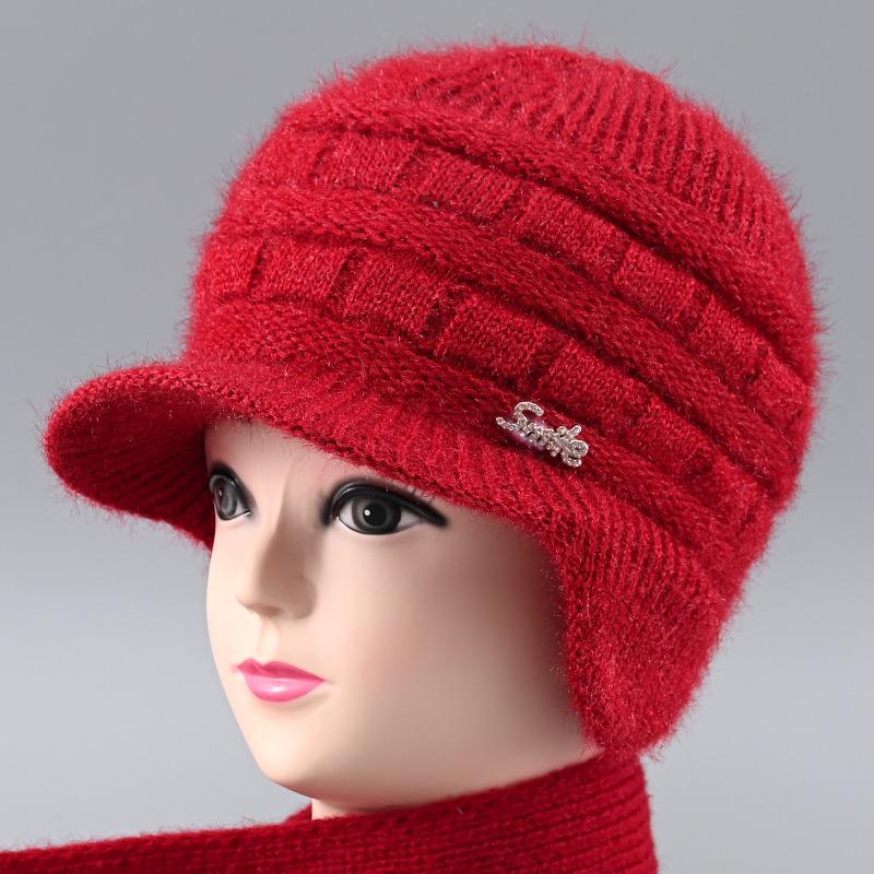 Winter Hat Female Old Lady Knitted Wool Hat Piled Thickened Warm and Cold Ear Hat