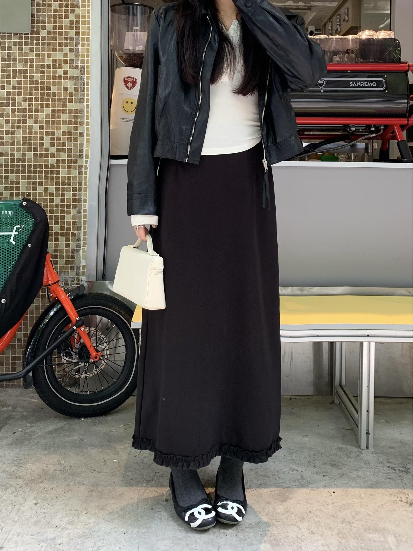 2025 Autumn Korean Velvet Lace Hem Woolen Midi Skirt - Slim Fit Design Large чёрный