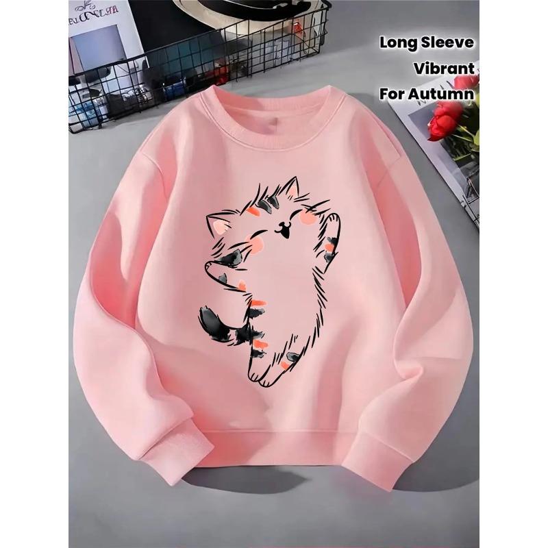 European sizes Kids' Crewneck Sweatshirt - Cute Cat with Pink Blush And Black , Sportswear And Casual Wear, Soft And Comfortable, Children's Clothing