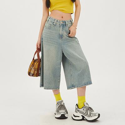 2024 Y2k Retro Damen Low Waist Wash Cropped Baggy Jeans Weites Bein Ausgefranste Denim Kurze Hose Übergröße