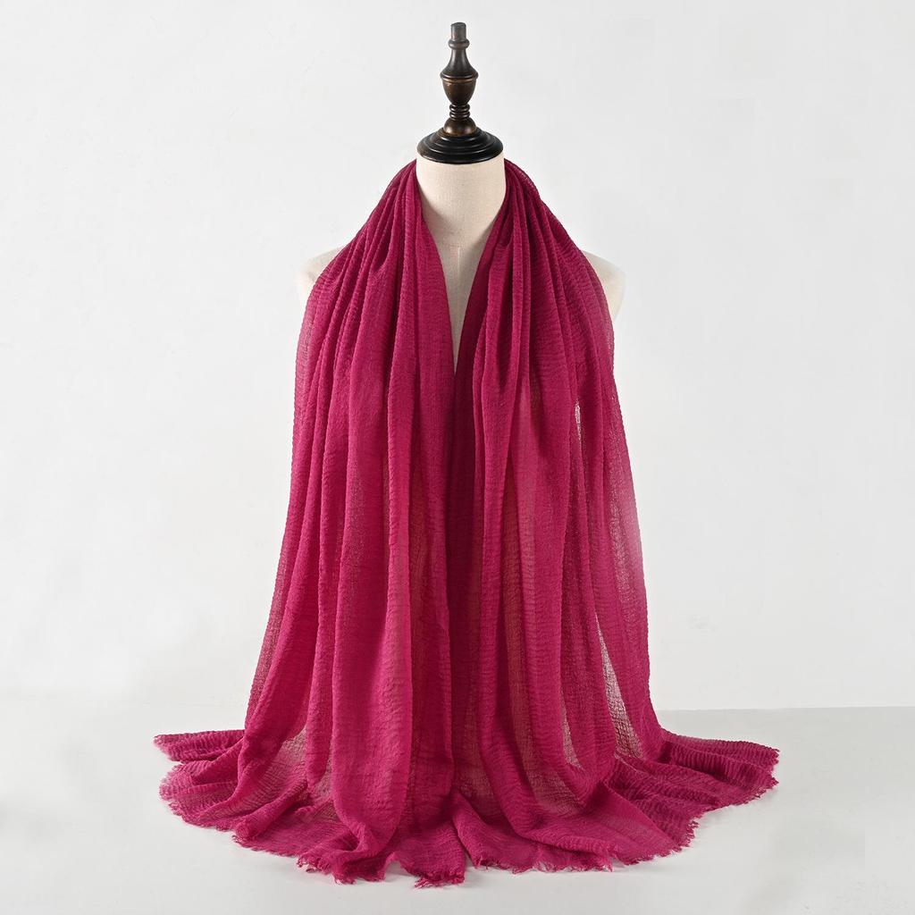 Crinkled Cotton-Linen Blend Scarf with Fringe - Solid Color, 90x180cm, Women's Headscarf