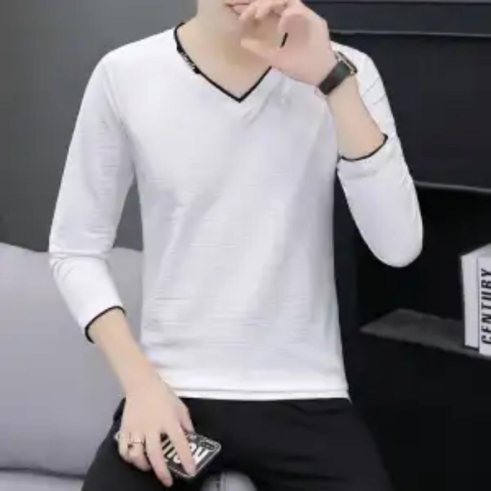 Autumn Winter Fashion Korean Simple Temperament T-shirt Man Long Sleeve Cotton V-neck Solid Color Top Pullover Casual Streetwear