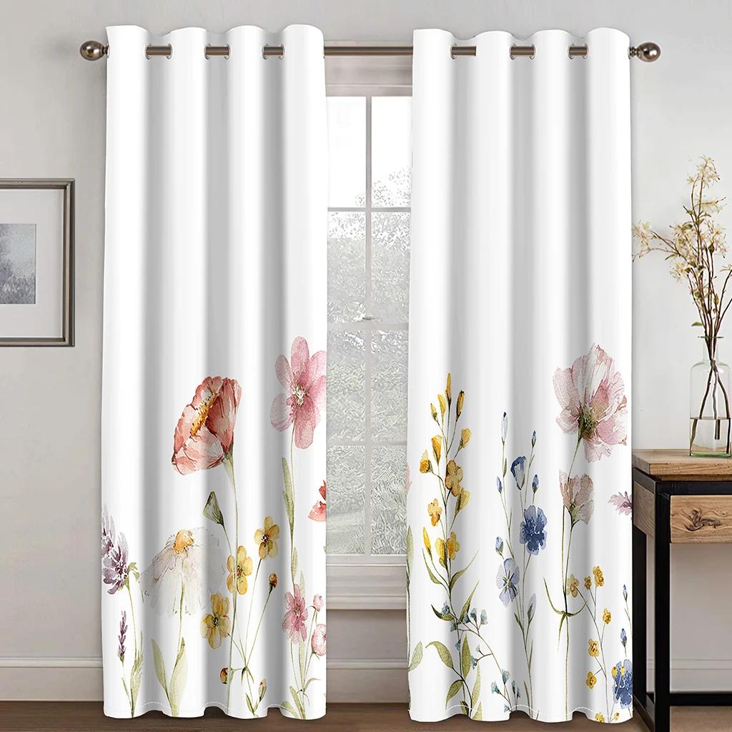 3D Digital Printing Curtain for Kitchen, Short Window Curtains, Floral and Flowers, 2 Panels