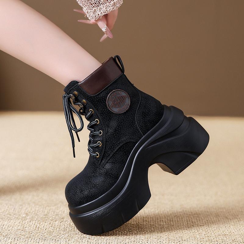 8CM Women New Autumn Winter Leather Mid-calf Boots Chunky Heels Motorcycle Boots Woman Thick Bottom High Platform Short Booties