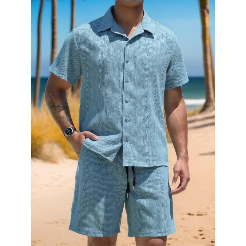 Mens Textured Cuban Collar Short Sleeve Button Up Shirt And Drawstring Shorts Two Piece Set S синий