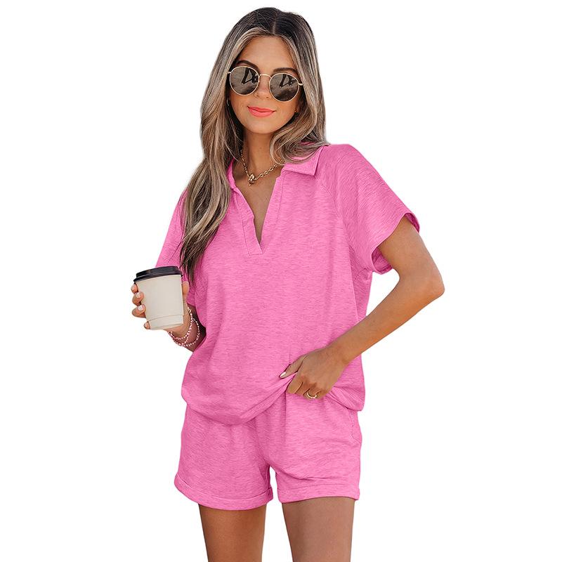 

Women s Summer 2026 Drawstring Casual Two-Piece Set: Solid Color Short Sleeve Suit Small