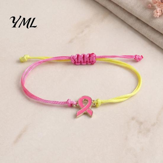 Braided Rope Wristband 2 Pcs Breast Cancer Awareness Bracelets, Adjustable String Ribbon Bracelet Bracelets with Charm, Inspirational Gifts for Women