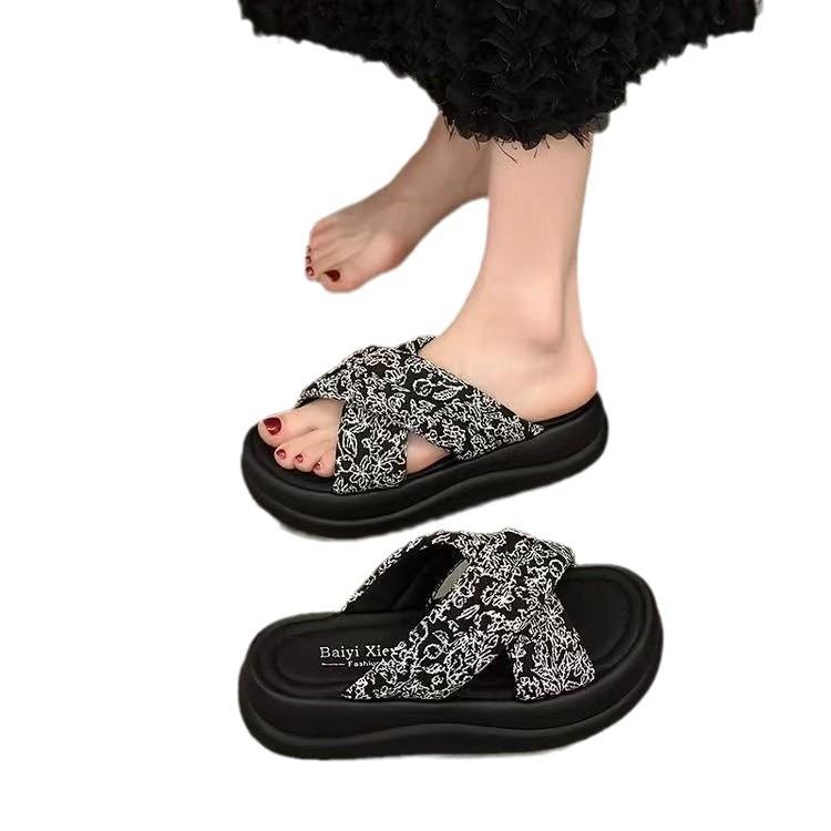 Guochao Slippers Women's Summer Wear French High-end Thick Soles To Increase Height Thailand with Skirts and One Pedal Beach Shoes