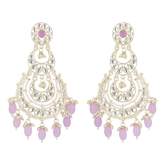 Gold Plated Traditional Kundan & Pearl Drop Dangle Chandbali Earrings For Women