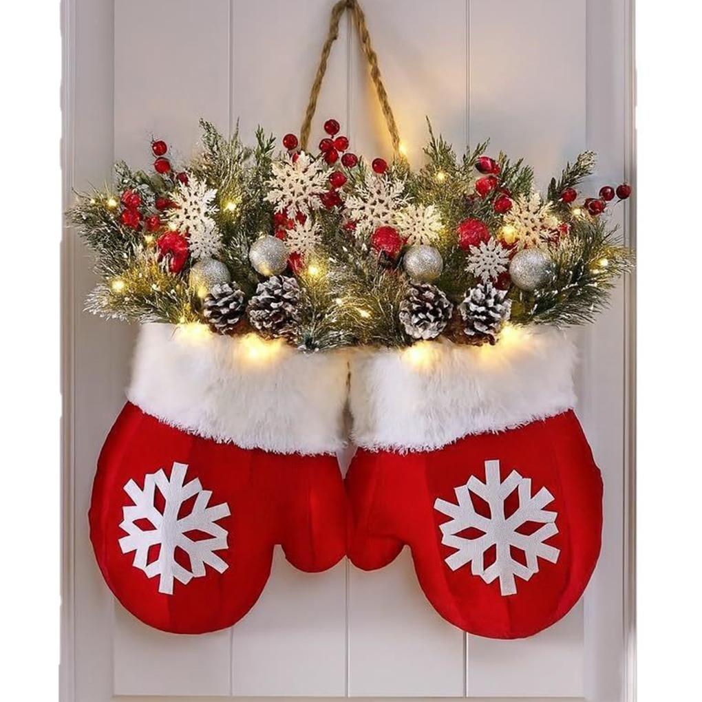 Twinkling Christmas Mitten Wreath Front Door Artificial Garland Window Door Gate Decoration Door Sign Xmas Party Decoration