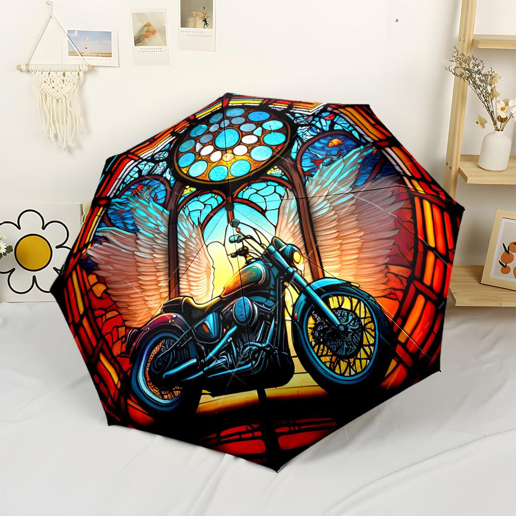 Buntglas Motorrad Kunst Automatischer Regenschirm Kompakt 8 Speichen Leichte Stabile Konstruktion Ganzjahres-Regenschirm für Reisen Modisches Accessoire