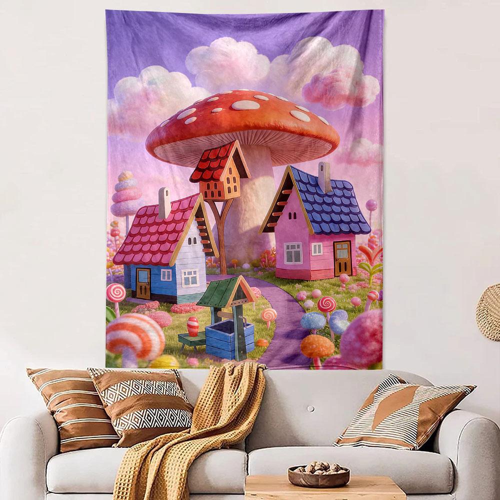 Whimsical Mushroom Village Illustration Patterned tapestry home decor, suitable for bedroom and living room, gift