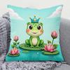 Cute Frog Prince Pillowcase Cartoon Animal Cushion Cover Kids Room Decor Lotus Flower Green Throw Pillow