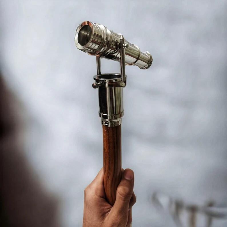 Handmade Silver Nickel Brass & Wooden walking stick with hidden telescope handle