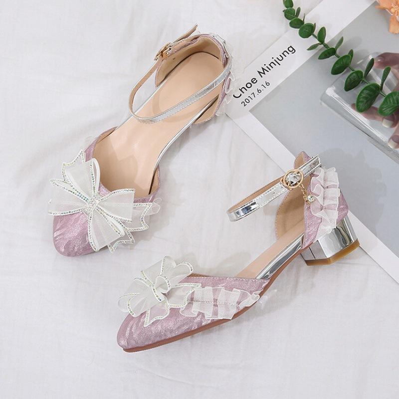 

New girls sandals high-heeled princess shoes bag head buckle summer middle school and older children s student shoes bow children s sandals 39 (inner length 24.5cm) розовый