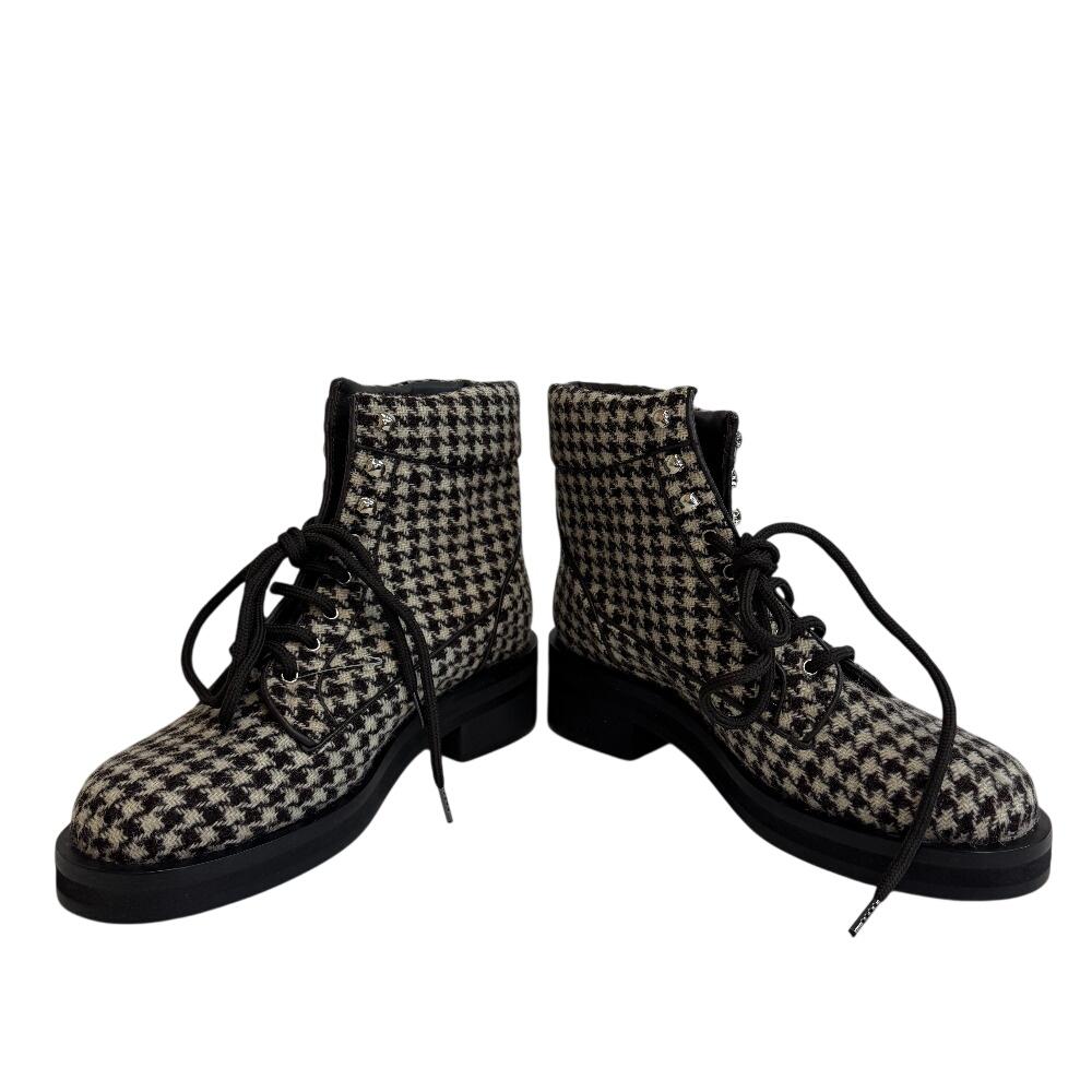 CHANEL G32048 Lace up COCO Mark tweed boots Brown tweed Women Used