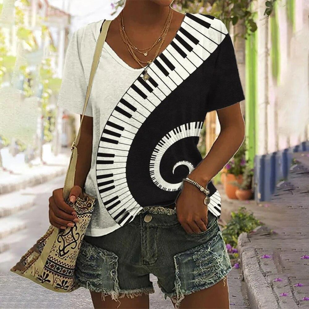 Music Notes 3d Printing Women's Casual Fashion Street Short-sleeved V-neck T-shirt
