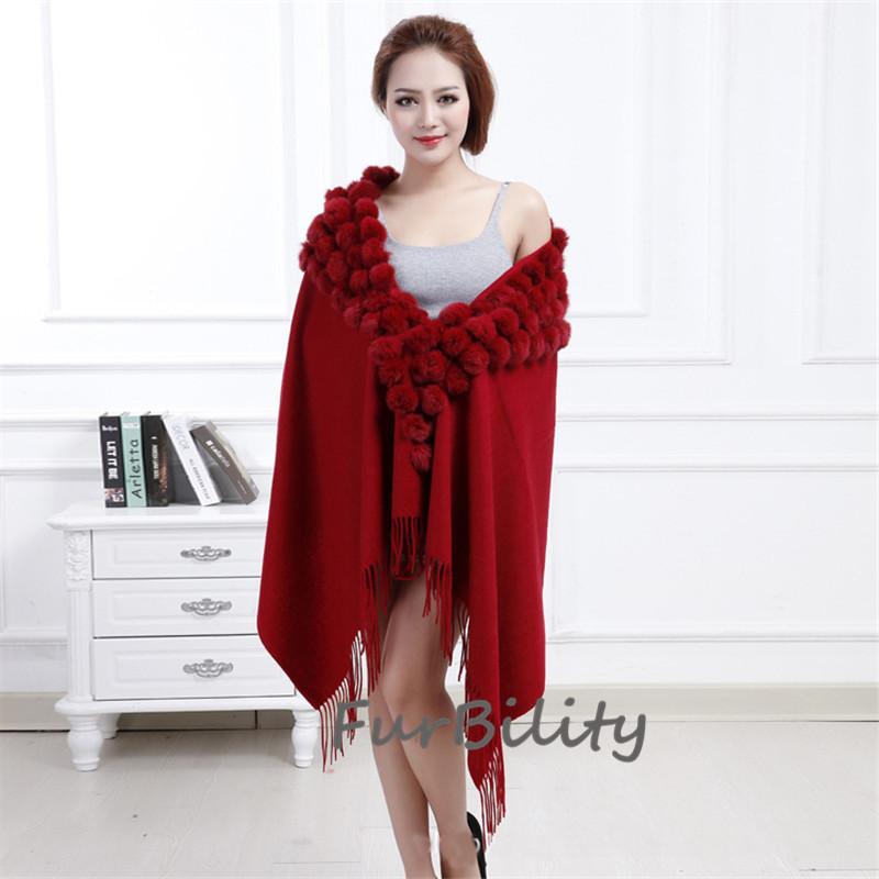Women's Cashmere Wool Over Size Scarf With Rabbit Fur Ball Collar Winter Rabbit Fur Infinity Scarves Neck Fur Collar Hand Knit