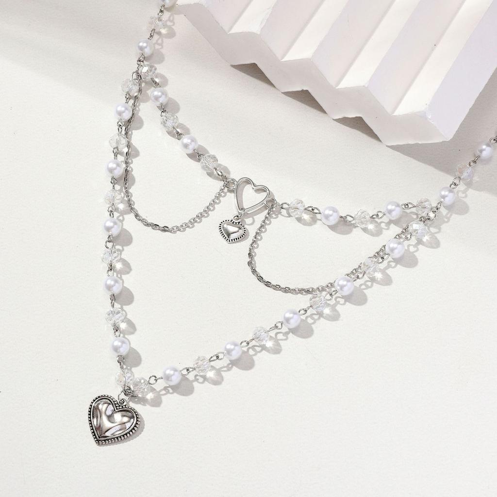 European and American jewelry fashion sweet Spice girl love multi-layer necklace niche temperament imitation pearl tassel necklace women