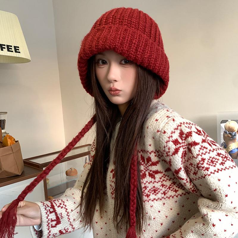 

Red Knitted Hat Women s Winter Lei Feng Hat Large Head Circumference Warm Ear Protection Woolen Hat Thickened Balaclava one size