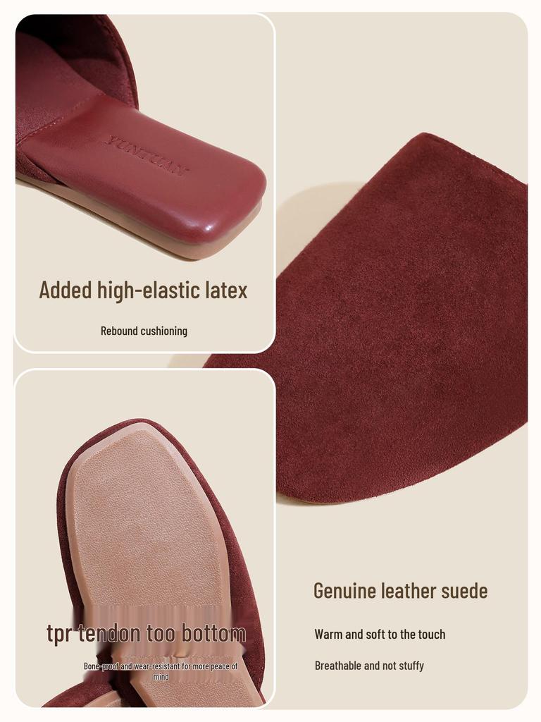 High-End Minimalist Genuine Leather & Suede Slippers - Non-Slip Sole, Unisex, All-Season Indoor Footwear