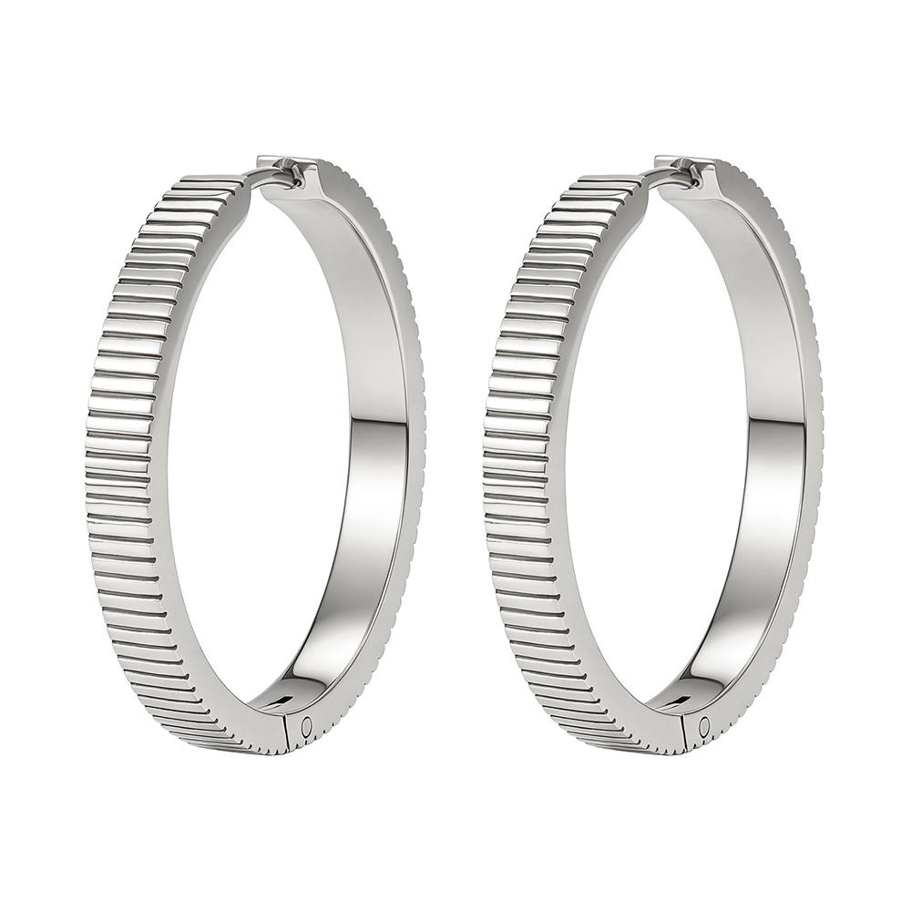 FINE4U 316L Stainless Steel Vertical Ridged Hoop Earrings Click Hinged Circle Hoops Hypoallergenic Textured Ear Jewelry