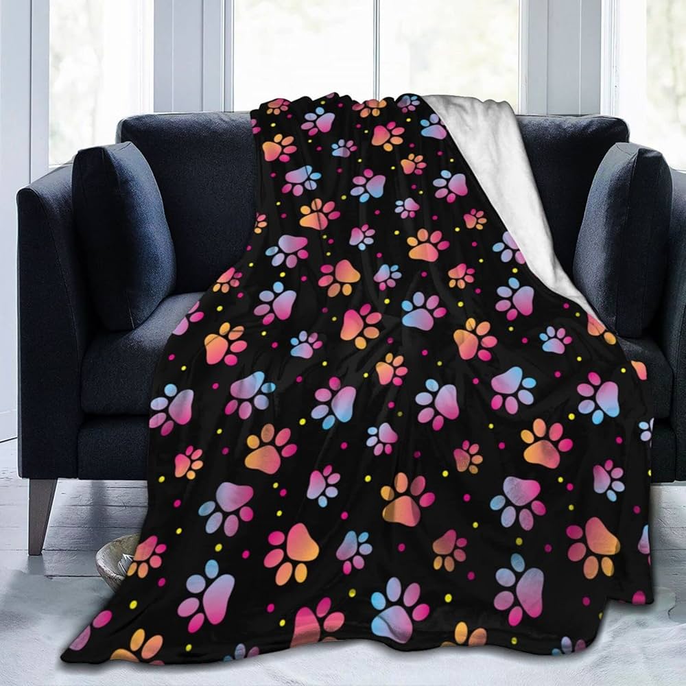 Footprint Flannel Throw Blanket Cute Kawaii Dog Footprint For Kid Girls Gift Lightweight Warm Soft King Queen Size For Couch Bed