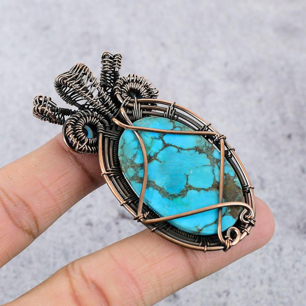 Tibetan Turquoise & Blue Evil Eye Pendant, 999 Copper Wire Wrapped Gemstone Jewelry, Handmade Pendant, For Thanksgiving