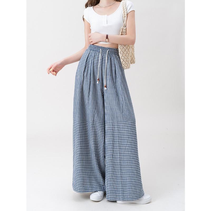 

темно-синие клетчатые брюки широкого кроя для женщин, осенние новые ретро клетчатые брюки с высокой талией, тонкие, свободные и ленивые брюки 11 L