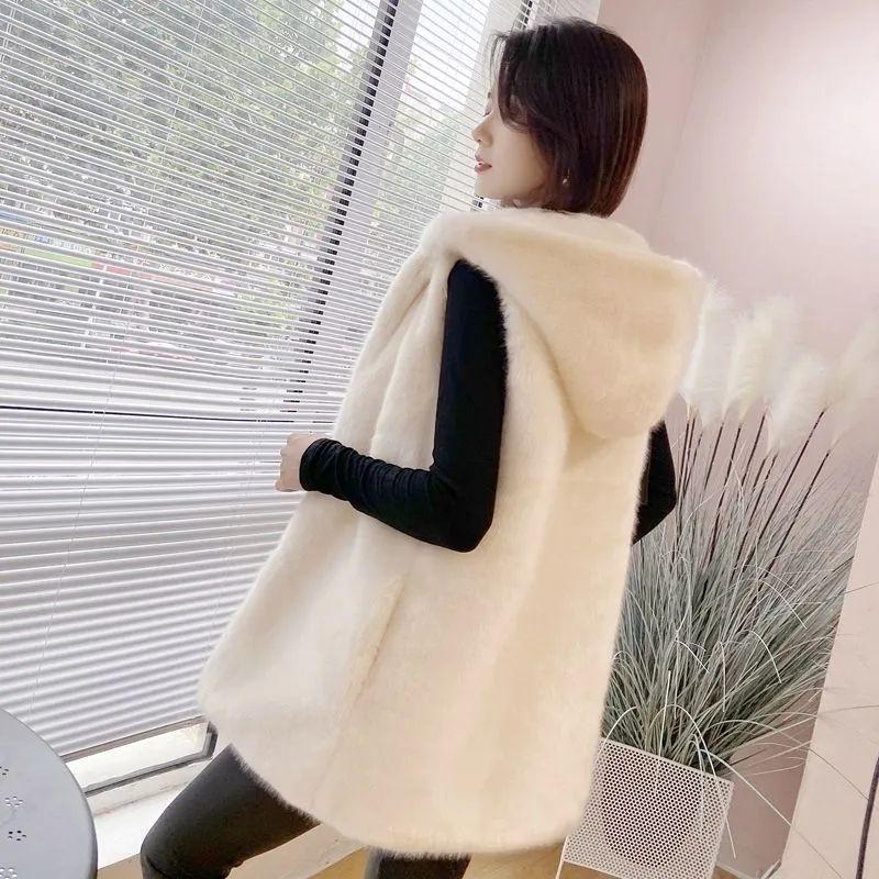 

Женский жилет из искусственного меха, осенне-зимний новый верхний жилет с капюшоном, средней длины XXL слоновая кость