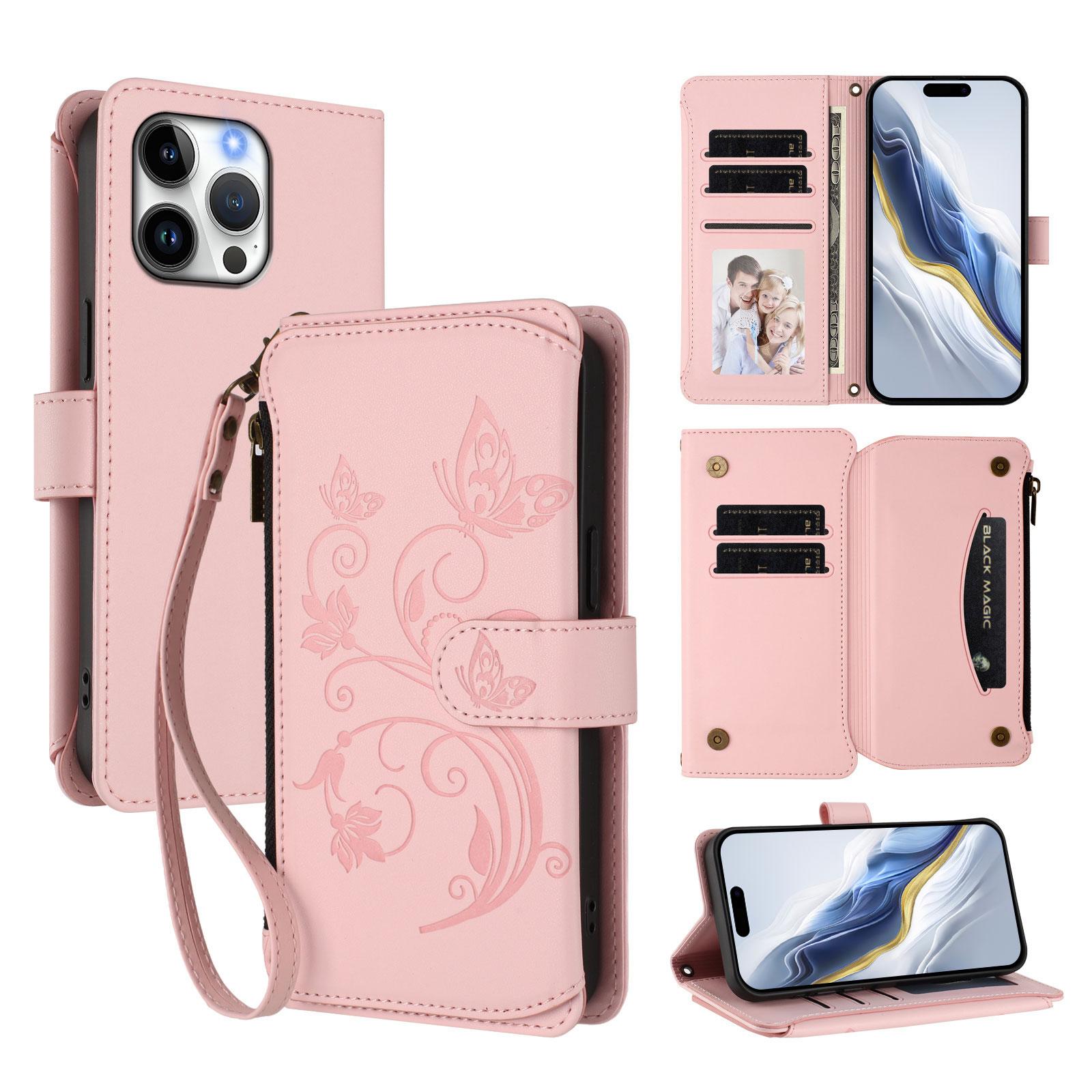

For iPhone 16 Pro Max Leather Case Butterfly Floral Imprint Zipper Wallet Stand Cover with Wrist Strap Pink
