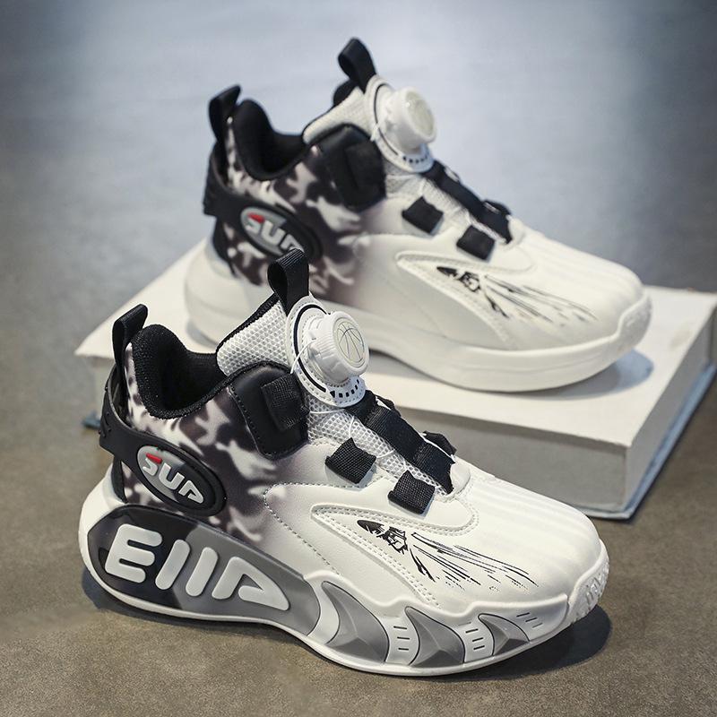 Children's Shoes Boys' Basketball Shoes Spring and Summer New Mesh Breathable Sports Shoes Swing Button Medium and Older Children's Running Shoes
