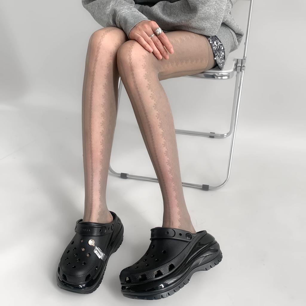 Spring-Summer Thin Gray Stockings for Women - Retro Side Lace Vertical Striped Pantyhose, Sexy Jacquard Black Silk & JK-style White Silk