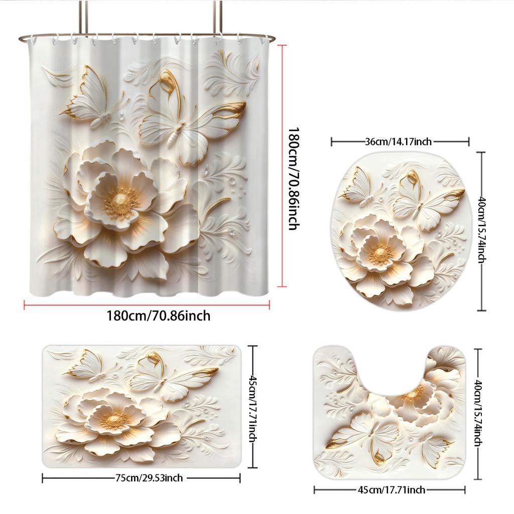 4pcs imitation relief hibiscus floral print bathroom set 180x180 waterproof shower curtain floor mat U-shaped mat toilet cushion