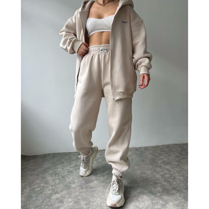 Damen Langarm Fleece Bedrucktes Kapuzensweatshirt und Lässige Hose Zweiteiliges Set