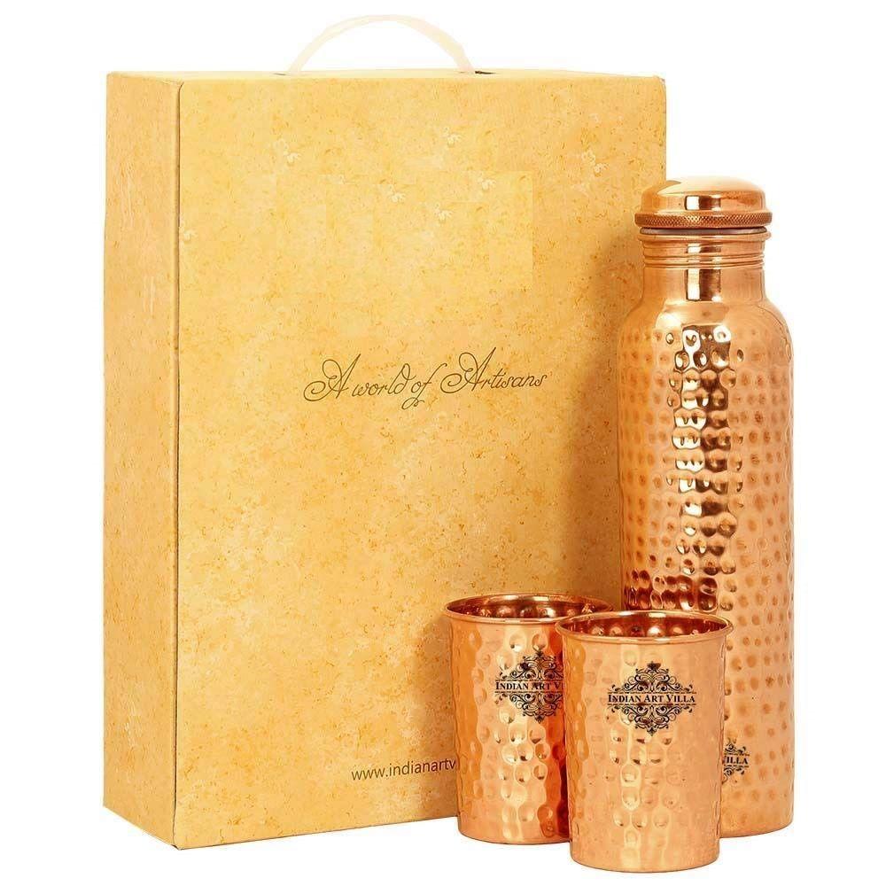 Pure Copper Drinkware Gift Set of Hammered Design 1 Bottle & 2 Glass with Gift Box, Gift Item for Diwali, Bottle-750 Ml & Glass-300 Ml
