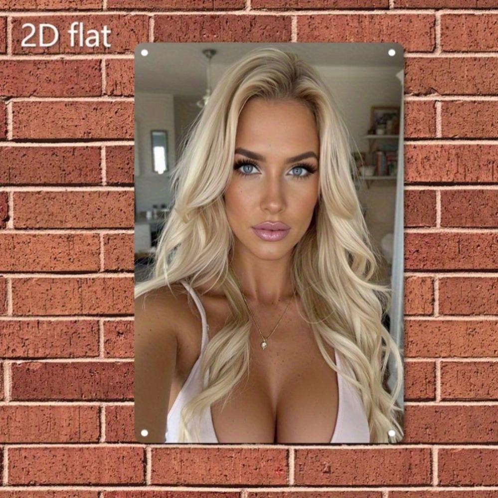 Retro Metal Tin Sign Blonde Woman with Long Hair and Blue Eyes In White Top Vintage Indoor Selfie Style Wall Art Decor Xc
