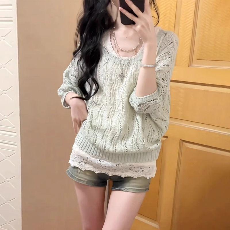 

Hollow Knitted Pullover Top Women Early Spring 2025 New Early Spring Idle Style Outdoor Loose Long sleeve Cover up Mint Green S