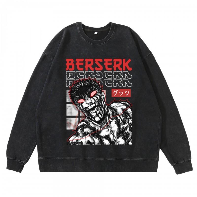 Schwergewicht 360g Gewaschener Vintage Berserk Anime Streetwear Baumwolle Pullover Hoodie Herren