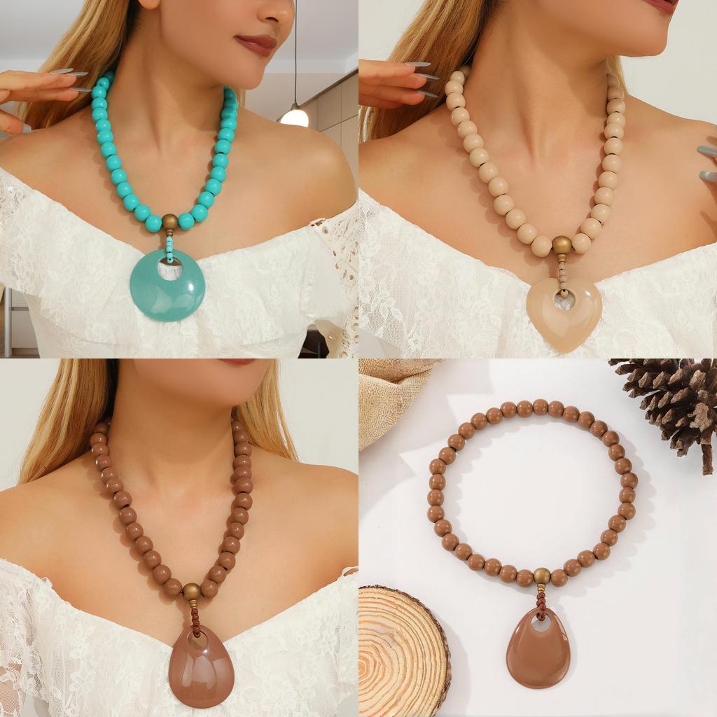 Wooden Beaded Summer Necklace Women Stretch Chain Geometric Pendant Decoration