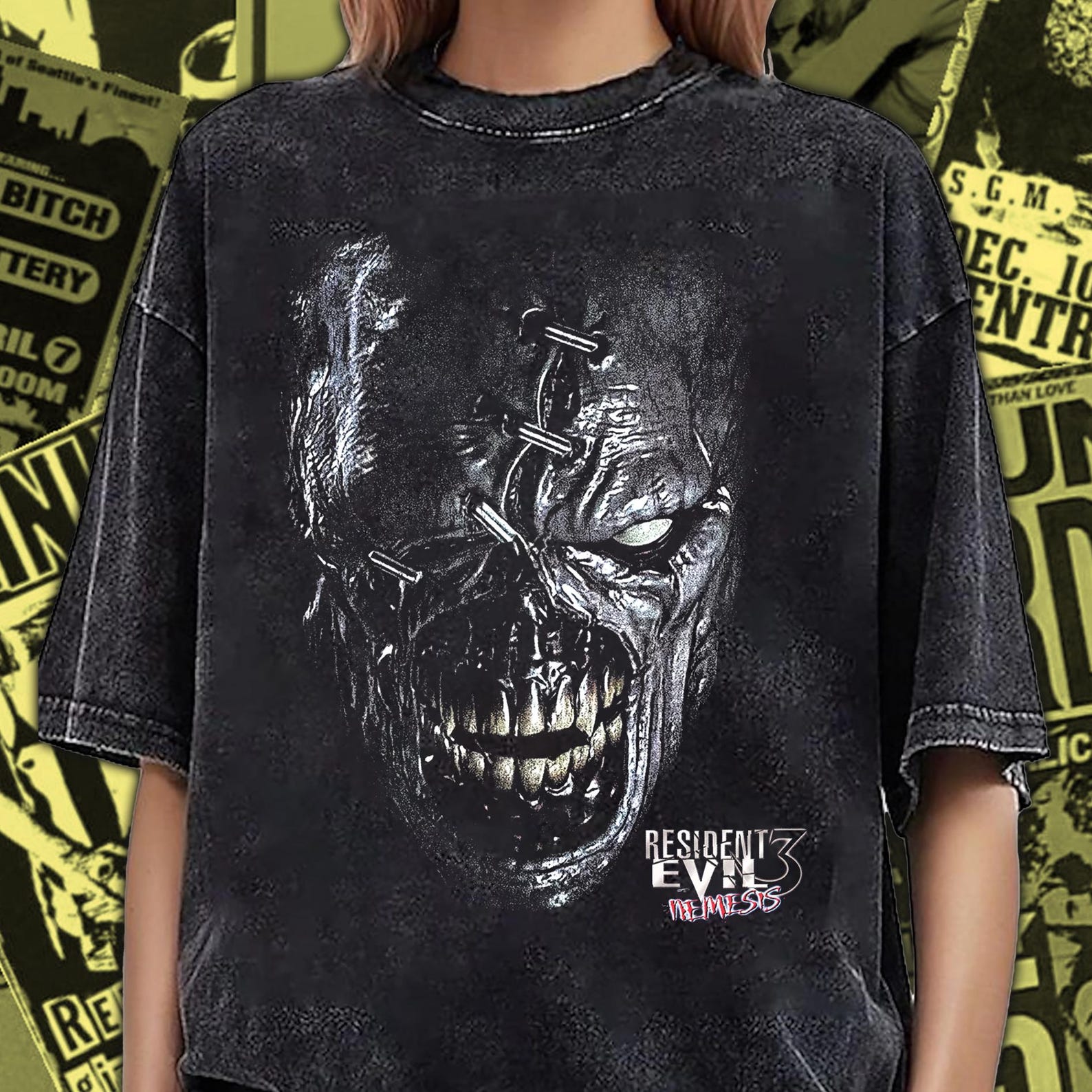 Nemesis Split Zombie Skull Tee | Horror Graphic T-Shirt, Distressed Evil Face 2XL