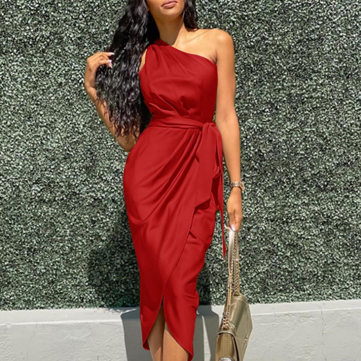 Women s Satin midi Dress Asymmetrical One Shoulder High Waist Bodycon Dress With Belt European American Style S красный