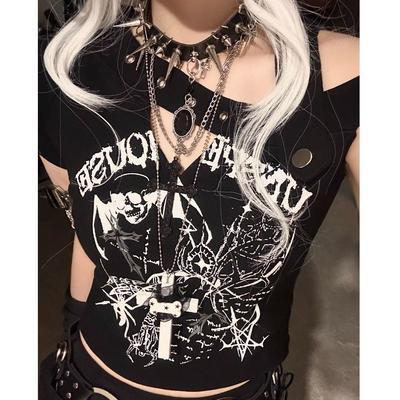 Letní nová černá vesta pro ženy Y2k Girl Slim Fit Košilkové topy Mujer Fashion Punk Skull Print Korejské oblečení
