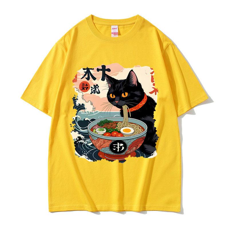 2025 Sommer Lustige Anime Ramen Katze Meme Vintage Japanisch Kawaii Nudelkatzen Grafik T-Shirts Herren Damen 100% Reine Baumwolle T-Shirt