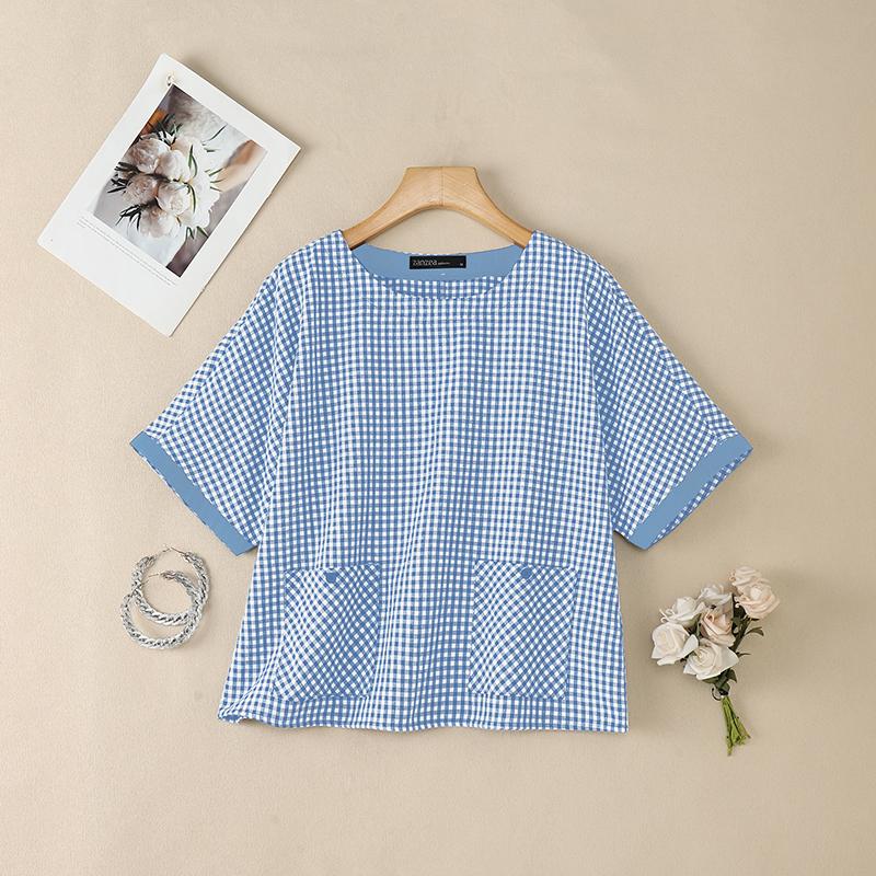 ZANZEA Damen Lässige Rundhals Kurzarm Karierte Print Bluse